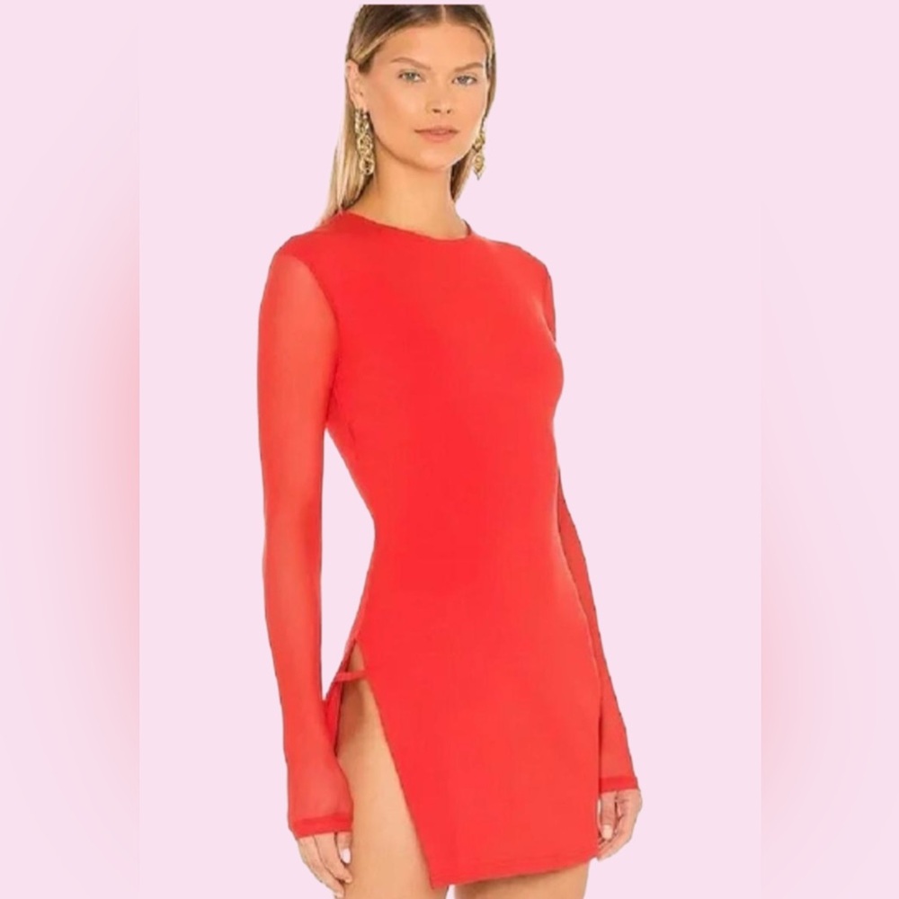 Superdown Nia Red bodycon dress with sheer sleeves & thigh cut out medium